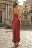Red Halter Sheath Satin Long Formal Prom Dresses With Flower