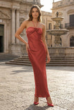 Red Halter Sheath Satin Long Formal Prom Dresses With Flower