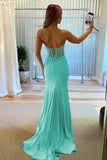 Sky Blue Strapless Mermaid Satin Beaded Long Formal Prom Dresses With Slit