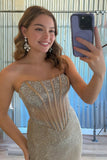 Sky Blue Strapless Mermaid Satin Beaded Long Formal Prom Dresses With Slit