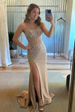 Sky Blue Strapless Mermaid Satin Beaded Long Formal Prom Dresses With Slit
