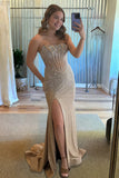 Sky Blue Strapless Mermaid Satin Beaded Long Formal Prom Dresses With Slit
