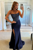 Sky Blue Strapless Mermaid Satin Beaded Long Formal Prom Dresses With Slit