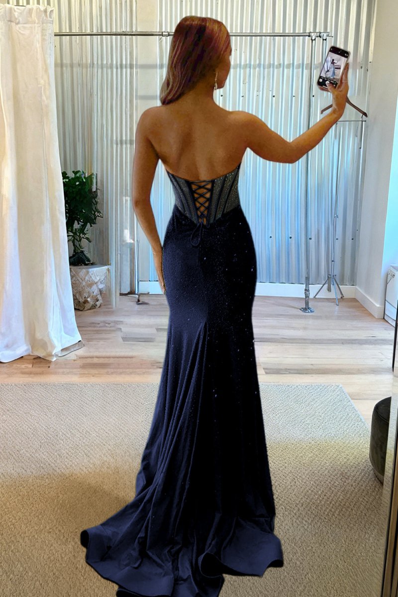 Sky Blue Strapless Mermaid Satin Beaded Long Formal Prom Dresses With Slit
