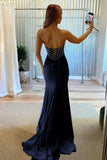 Sky Blue Strapless Mermaid Satin Beaded Long Formal Prom Dresses With Slit