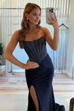 Sky Blue Strapless Mermaid Satin Beaded Long Formal Prom Dresses With Slit