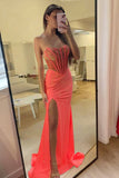 Sky Blue Strapless Mermaid Satin Beaded Long Formal Prom Dresses With Slit