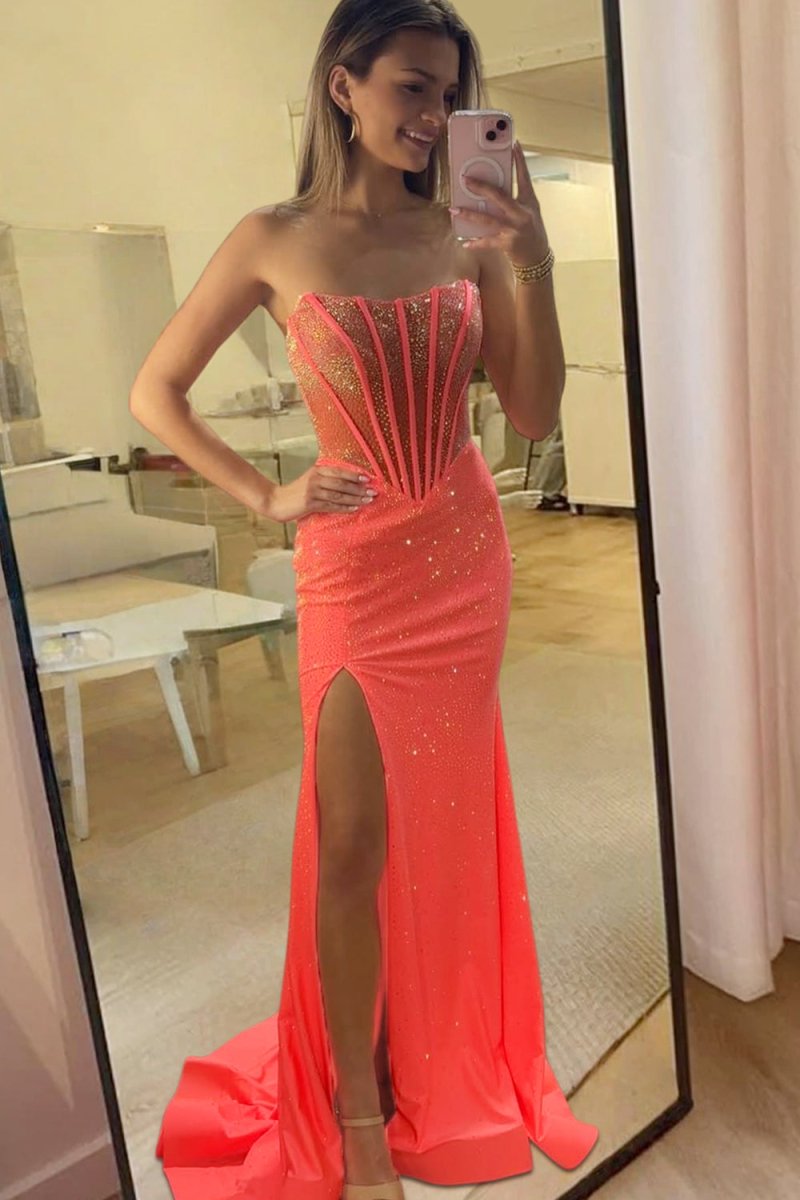Sky Blue Strapless Mermaid Satin Beaded Long Formal Prom Dresses With Slit