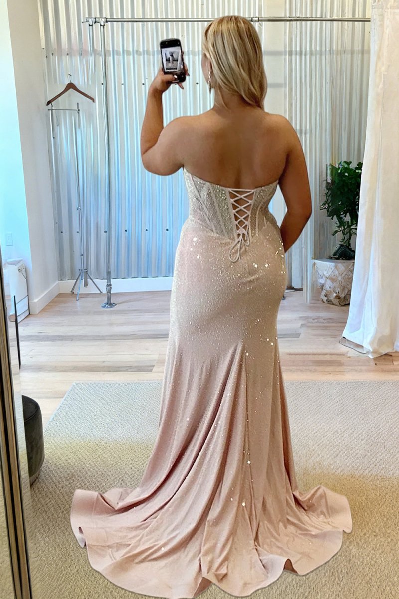 Sky Blue Strapless Mermaid Satin Beaded Long Formal Prom Dresses With Slit