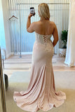 Sky Blue Strapless Mermaid Satin Beaded Long Formal Prom Dresses With Slit