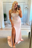 Sky Blue Strapless Mermaid Satin Beaded Long Formal Prom Dresses With Slit