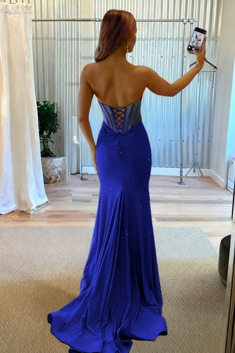 Sky Blue Strapless Mermaid Satin Beaded Long Formal Prom Dresses With Slit