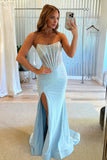 Sky Blue Strapless Mermaid Satin Beaded Long Formal Prom Dresses With Slit