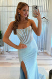 Sky Blue Strapless Mermaid Satin Beaded Long Formal Prom Dresses With Slit