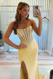 Sky Blue Strapless Mermaid Satin Beaded Long Formal Prom Dresses With Slit