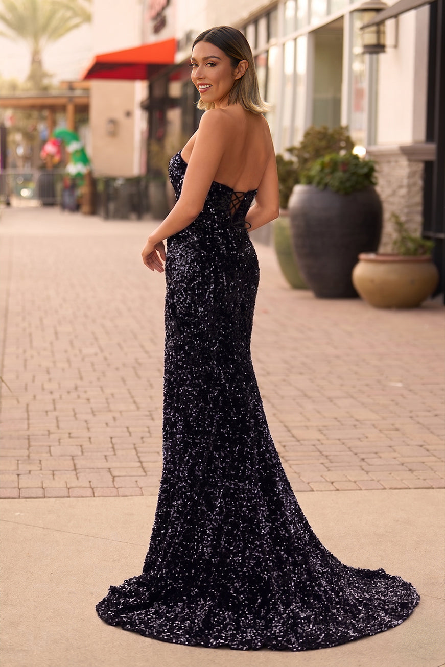 Mermaid Strapless Sequins Long Prom Dress with Slit
