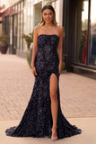 Mermaid Strapless Sequins Long Prom Dress with Slit