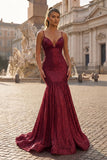 Mermaid Orange Spaghetti Straps Sequins Prom Dress
