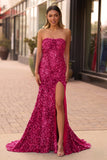 Mermaid Strapless Sequins Long Prom Dress with Slit