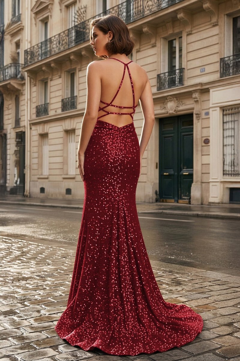 Mermaid Halter Sequins Long Prom Dress with Silt