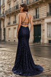 Mermaid Halter Sequins Long Prom Dress with Silt