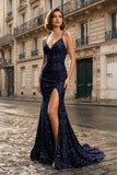 Mermaid Halter Sequins Long Prom Dress with Silt