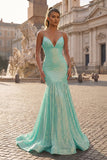 Mermaid Orange Spaghetti Straps Sequins Prom Dress