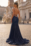 Mermaid Orange Spaghetti Straps Sequins Prom Dress
