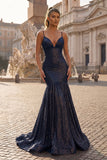 Mermaid Orange Spaghetti Straps Sequins Prom Dress
