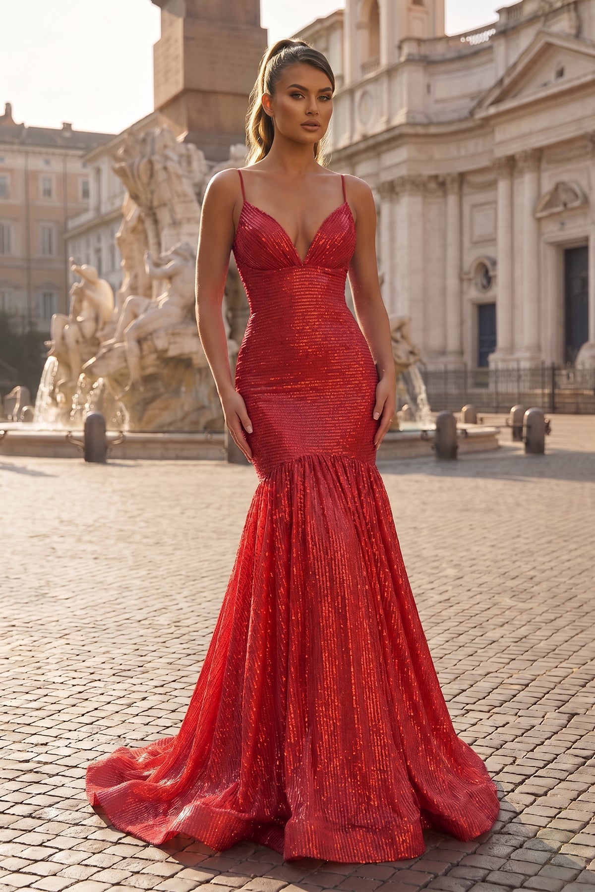 Mermaid Orange Spaghetti Straps Sequins Prom Dress