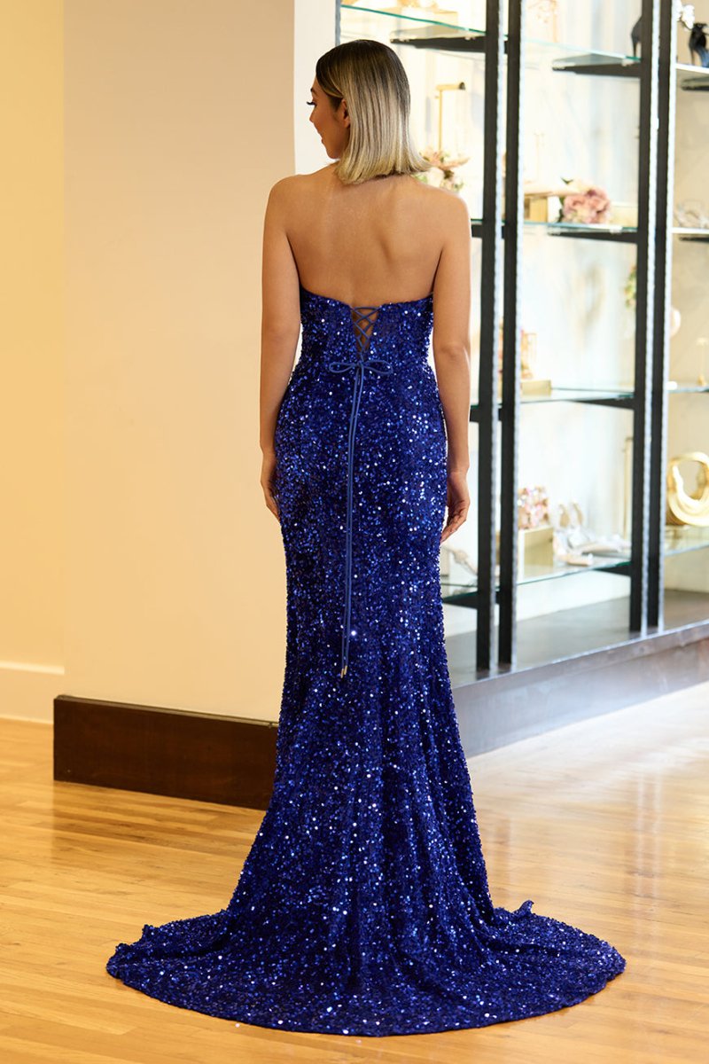 Mermaid Strapless Sequins Long Prom Dress with Slit