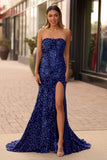 Mermaid Strapless Sequins Long Prom Dress with Slit