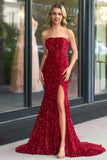 Mermaid Strapless Sequins Long Prom Dress with Slit