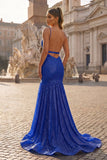Mermaid Orange Spaghetti Straps Sequins Prom Dress