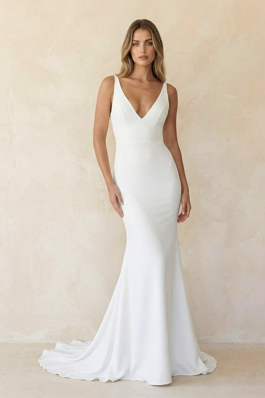 Elegant Mermaid V-Neck Elastic Satin Long Wedding Dresses
