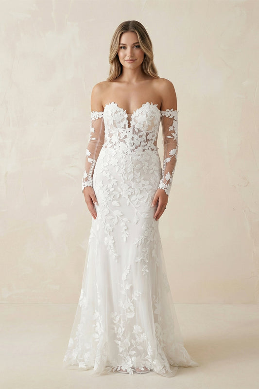 Mermaid Sweetheart Tulle Appliques Wedding Dresses with Sleeves
