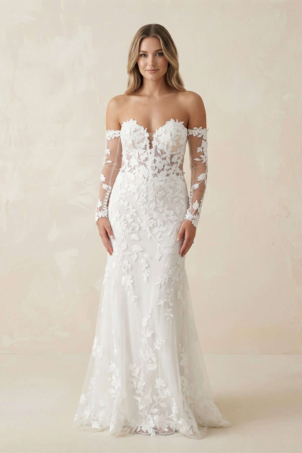 Mermaid Sweetheart Tulle Appliques Wedding Dresses with Sleeves