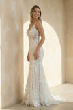 Mermaid V Neck Tulle Lace Sleeveless  Ivory Wedding Dresses