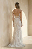 Mermaid V Neck Tulle Lace Sleeveless  Ivory Wedding Dresses