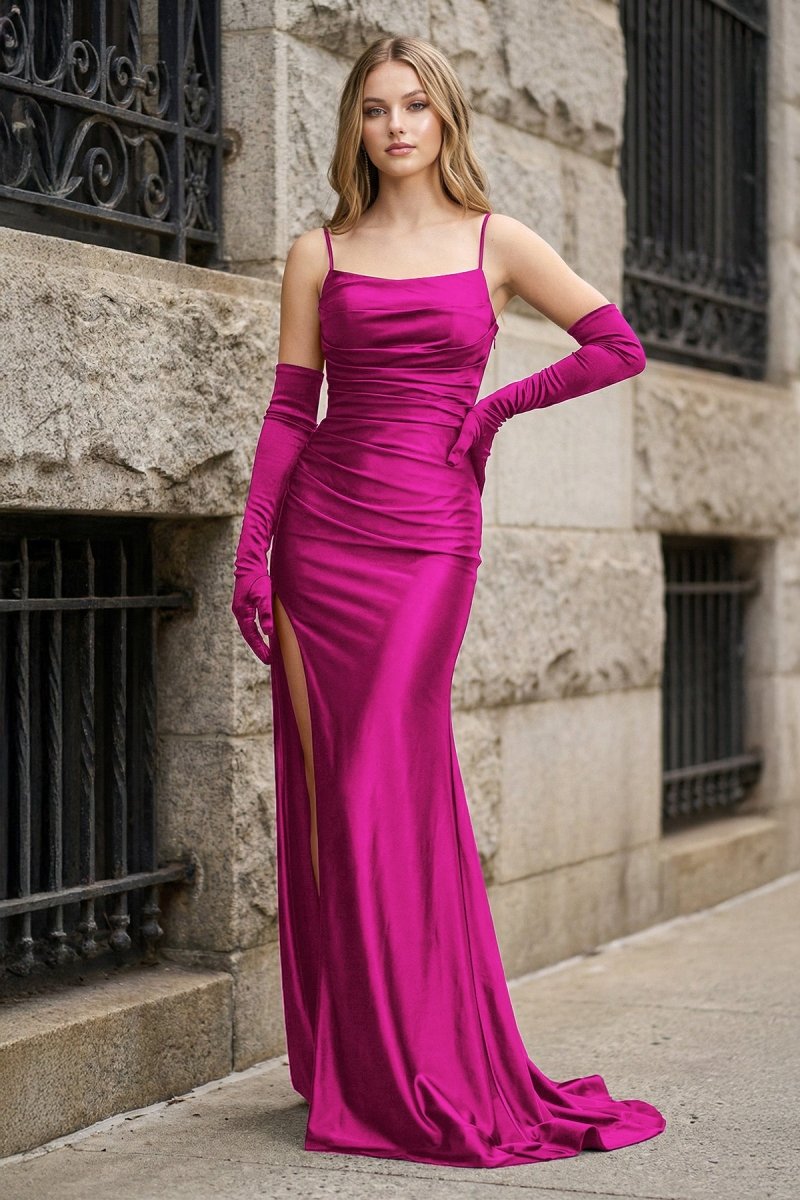 Black Spaghetti Straps High Slit Mermaid Satin Pleated Prom Dress