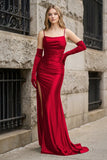 Black Spaghetti Straps High Slit Mermaid Satin Pleated Prom Dress