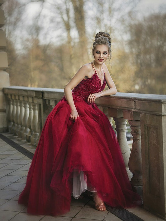 Vestido de fiesta de tul con tirantes finos, apliques, largo hasta el suelo, sin mangas, para fiesta de noche