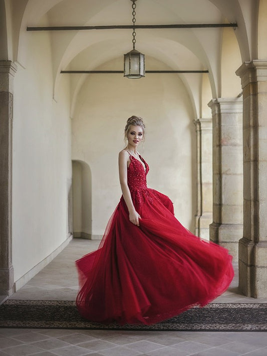 Vestido de fiesta de tul con tirantes finos, apliques, largo hasta el suelo, sin mangas, para fiesta de noche