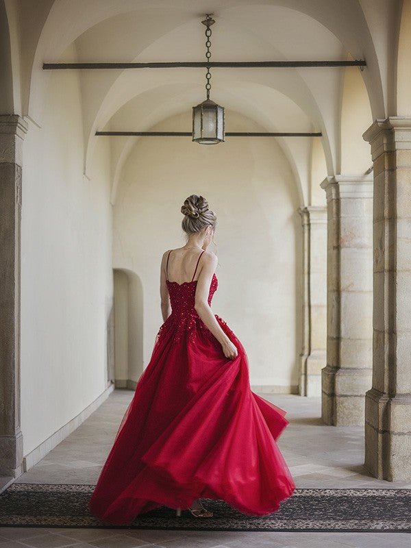 Vestido de fiesta de tul con tirantes finos, apliques, largo hasta el suelo, sin mangas, para fiesta de noche