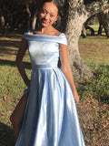 Vestido de noche de graduación de corte A/princesa, de satén, sin mangas, con volantes y hombros descubiertos