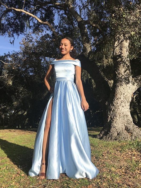 Vestido de noche de graduación de corte A/princesa, de satén, sin mangas, con volantes y hombros descubiertos