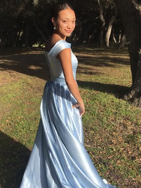 Vestido de noche de graduación de corte A/princesa, de satén, sin mangas, con volantes y hombros descubiertos