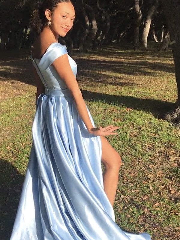 Vestido de noche de graduación de corte A/princesa, de satén, sin mangas, con volantes y hombros descubiertos