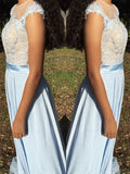Vestido de noche de graduación de corte A/princesa de gasa con escote transparente, sin mangas, con cola larga y apliques