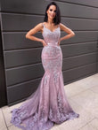 Trumpet/Mermaid Sleeveless Sweep/Brush Train Applique Tulle V-neck Dresses Prom Evening Dress